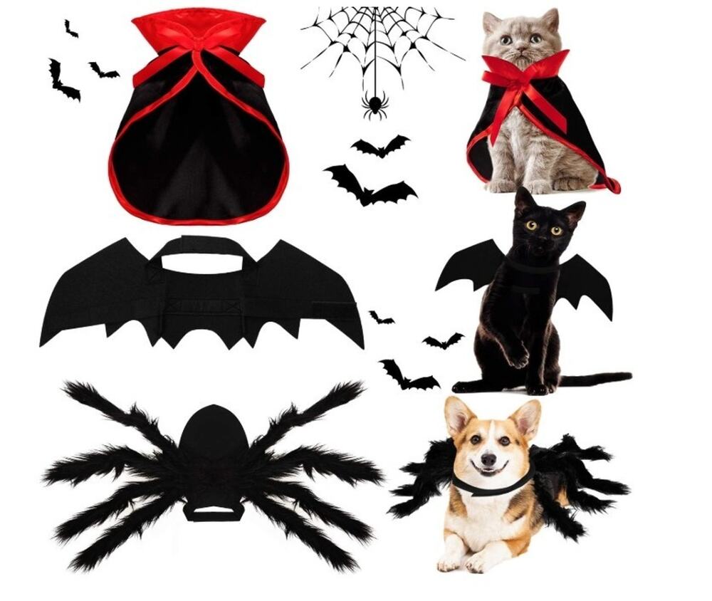 NEW 3 Pcs Halloween Cat Dog Costume Set Bat, Vampire Cloak, Spider, S